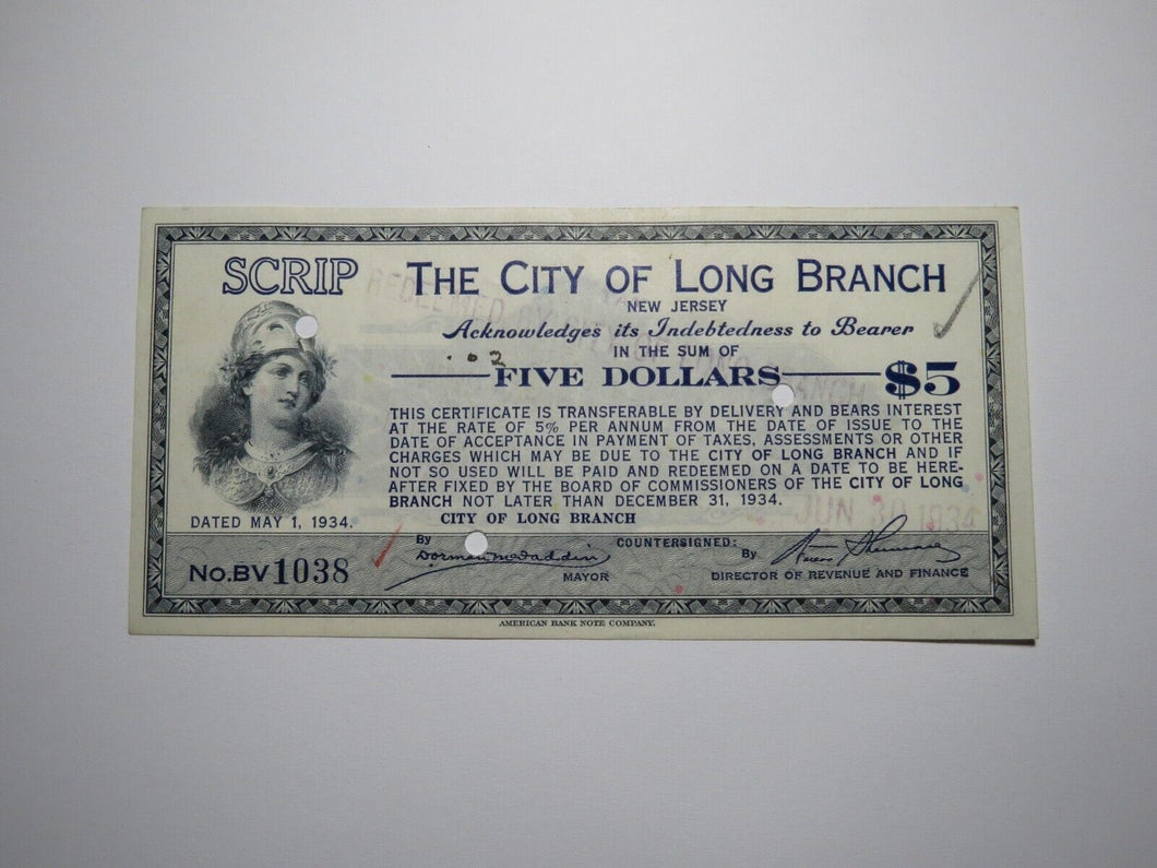 $5 1934 Long Branch New Jersey NJ Obsolete Currency Bank Note Scrip City of LB!