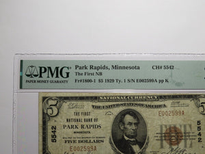 $5 1929 Park Rapids Minnesota MN National Currency Bank Note Bill Ch. #5542 VF20