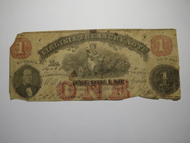 $1 1862 Richmond Virginia VA Obsolete Currency Treasury Bank Note Bill
