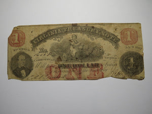 $1 1862 Richmond Virginia VA Obsolete Currency Treasury Bank Note Bill