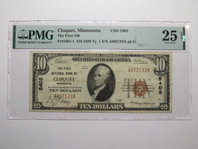 $10 1929 Cloquet Minnesota MN National Currency Bank Note Bill #5405 VF25 PMG