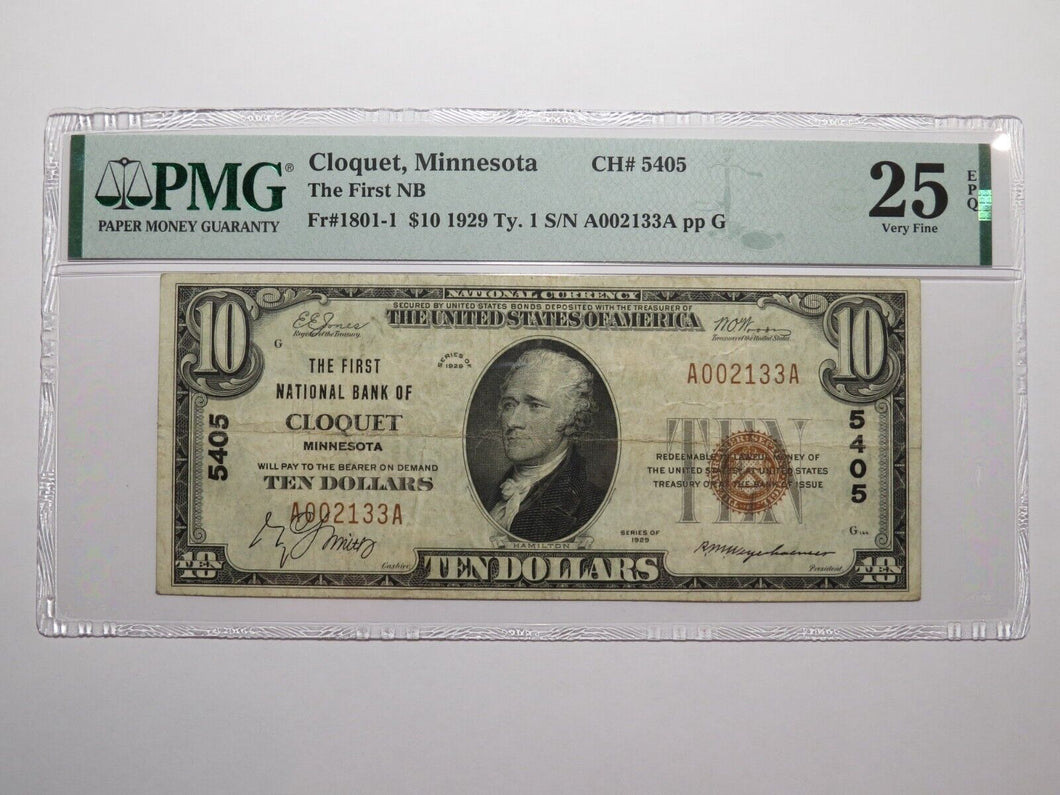 $10 1929 Cloquet Minnesota MN National Currency Bank Note Bill #5405 VF25 PMG
