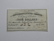Load image into Gallery viewer, $4 1861 Confederate Bond Coupon Certificate Currency Bank Note Bill UNC