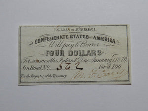 $4 1861 Confederate Bond Coupon Certificate Currency Bank Note Bill UNC