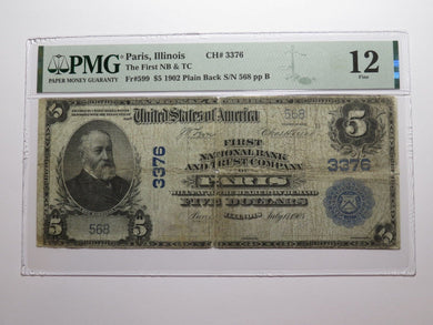 $5 1902 Paris Illinois IL National Currency Bank Note Bill Charter #3376 PMG