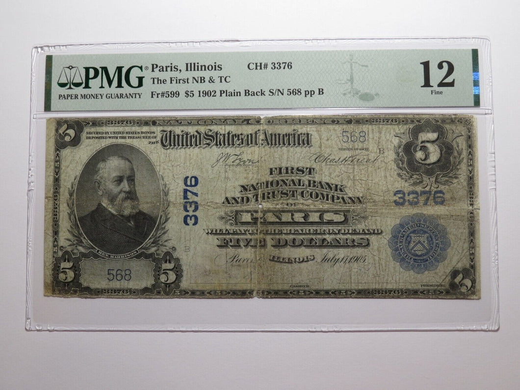 $5 1902 Paris Illinois IL National Currency Bank Note Bill Charter #3376 PMG
