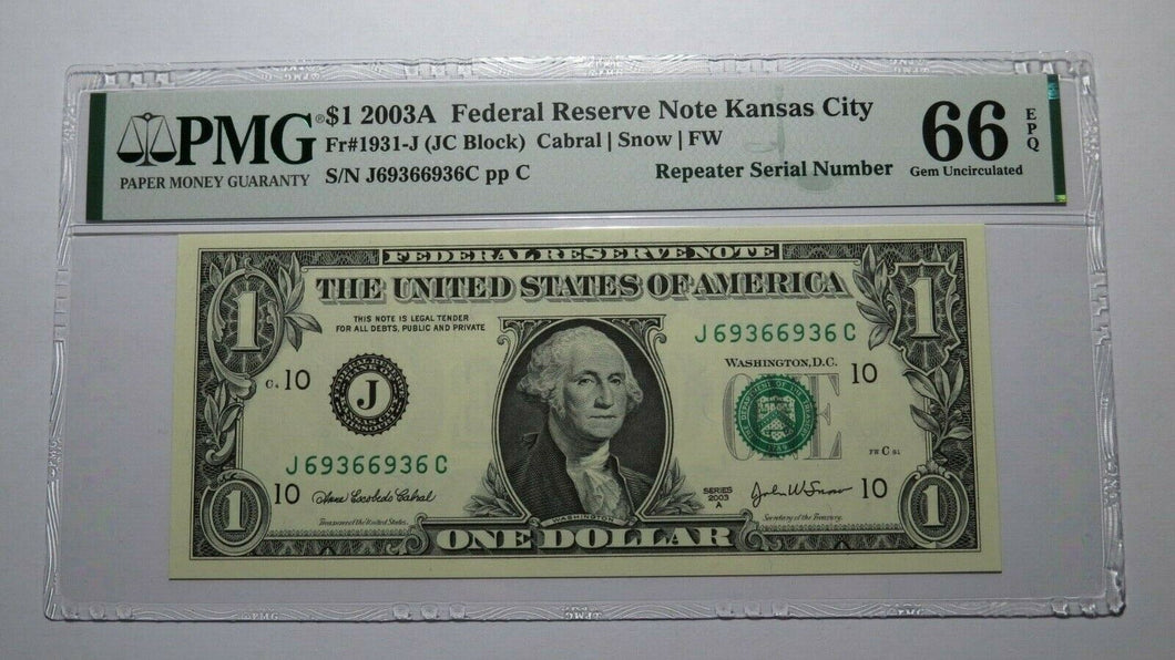 $1 2003 Repeater Serial Number Federal Reserve Currency Bank Note Bill PMG UNC66