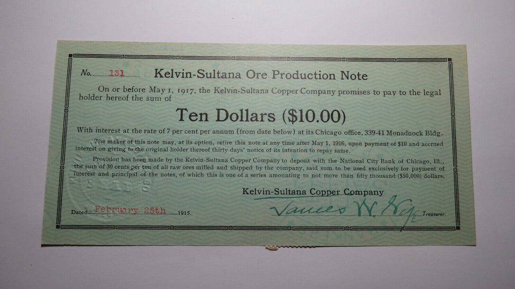 $10 1915 Kelvin-Sultana Copper Company Ore Production Obsolete Currency Note