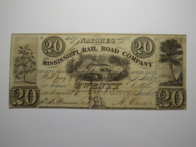 $20 1839 Natchez Mississippi Obsolete Currency Bank Note Bill Railroad Company