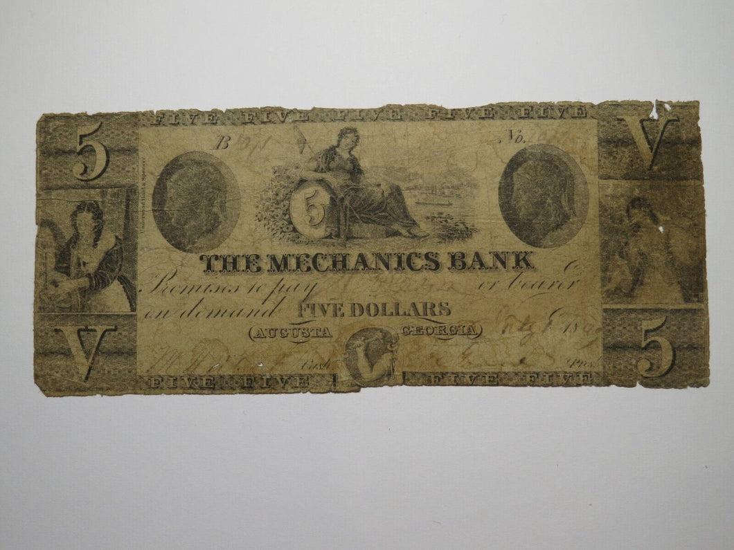 $5 1849 Augusta Georgia GA Obsolete Currency Bank Note Bill The Mechanics Bank