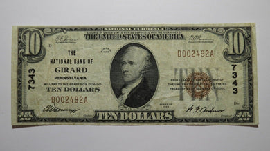 $10 1929 Girard Pennsylvania PA National Currency Bank Note Bill Ch. #7343 VF