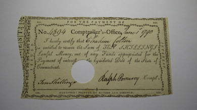 1790 10s Connecticut Pay Table Office Colonial Currency Note Bill! Ralph Pomeroy