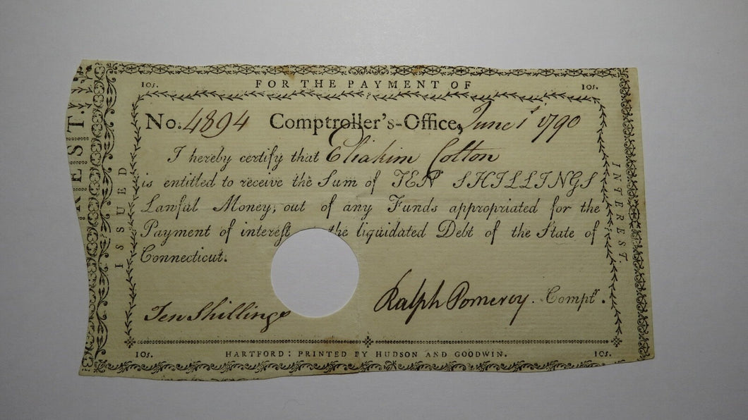 1790 10s Connecticut Pay Table Office Colonial Currency Note Bill! Ralph Pomeroy