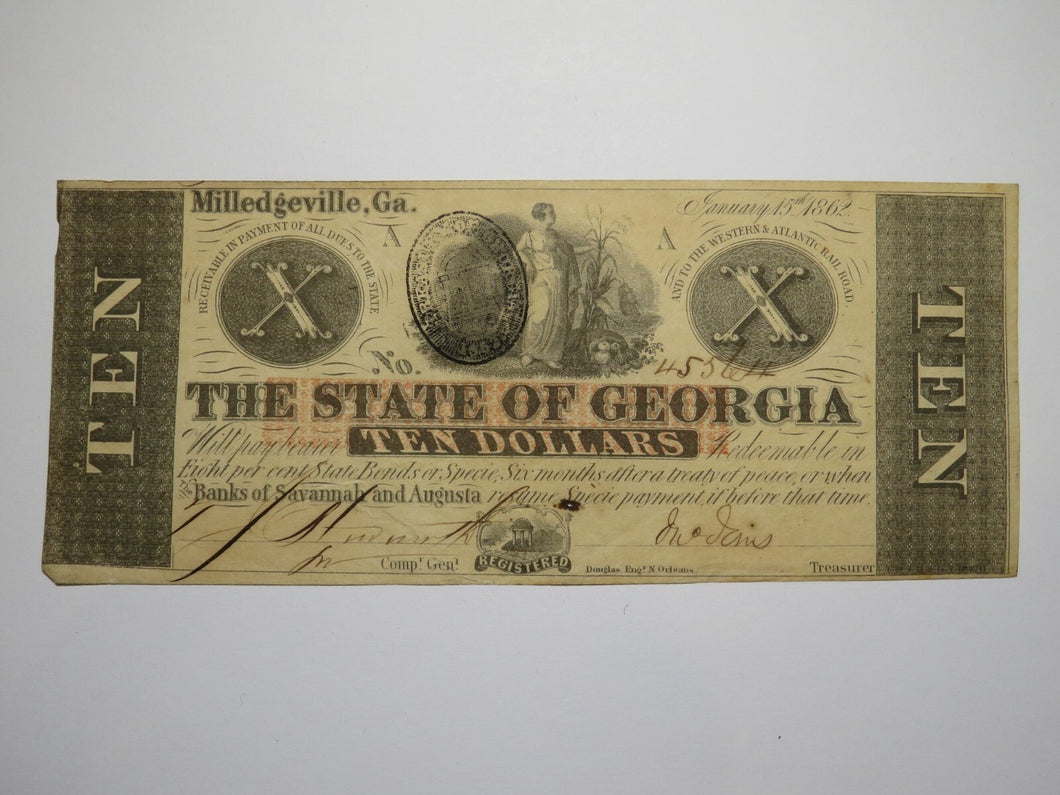 $10 1862 Milledgeville Georgia Obsolete Currency Bank Note Bill State of GA VF