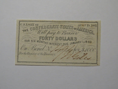 $40 1861 Confederate Bond Coupon Certificate Currency Bank Note Bill UNC