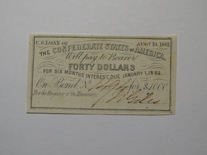 $40 1861 Confederate Bond Coupon Certificate Currency Bank Note Bill UNC