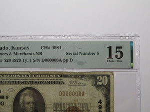 $20 1929 El Dorado Kansas KS National Currency Bank Note Bill Ch. #4981 F15 PMG