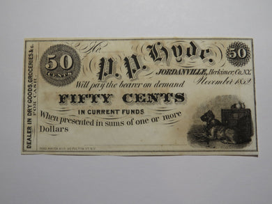 $.50 1852 Jordanville New York Obsolete Currency Bank Note Bill P.P. Hyde UNC+++