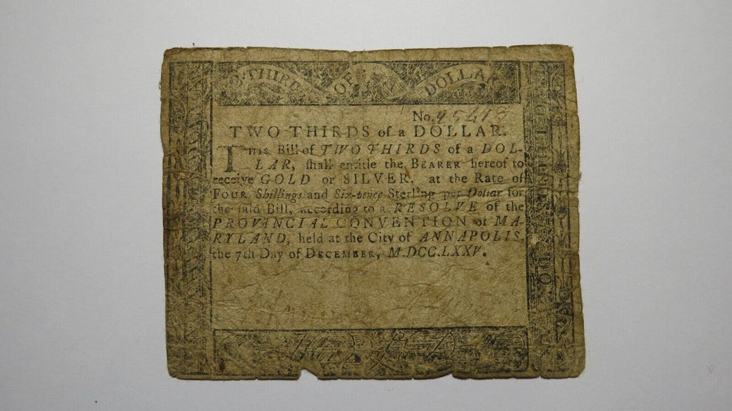 1775 $2/3 Annapolis Maryland MD Colonial Currency Bank Note Bill RARE ISSUE