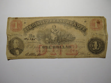 $1 1862 Richmond Virginia VA Obsolete Currency Treasury Bank Note Bill