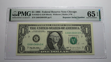 $1 1995 Repeater Serial Number Federal Reserve Currency Bank Note Bill PMG UNC65