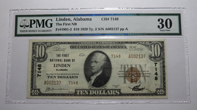 $10 1929 Linden Alabama AL National Currency Bank Note Bill! Ch. #7148 VF30 PMG