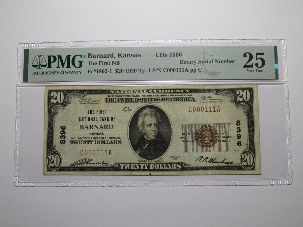 $20 1929 Barnard Kansas National Currency Bank Note Bill #8396 Binary Serial #