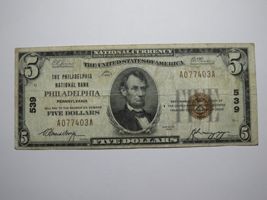 $5 1929 Philadelphia Pennsylvania PA National Currency Bank Note Bill #539 FINE