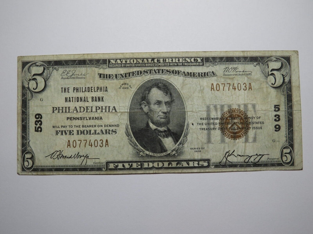 $5 1929 Philadelphia Pennsylvania PA National Currency Bank Note Bill #539 FINE