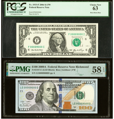 $1-$100 2006-2009 Matching Fancy Serial Numbers Federal Reserve Bank Note Bill