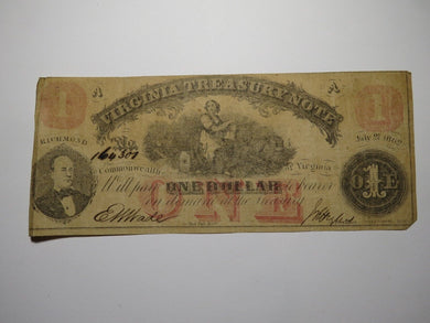 $1 1862 Richmond Virginia VA Obsolete Currency Treasury Bank Note Bill