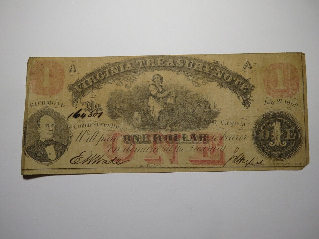 $1 1862 Richmond Virginia VA Obsolete Currency Treasury Bank Note Bill