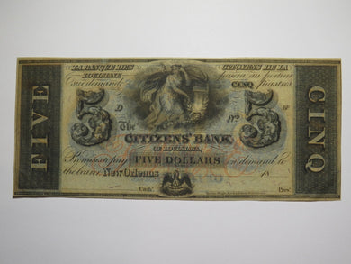 $5 18__ New Orleans Louisiana Obsolete Currency Note Remainder Citizens Bank UNC