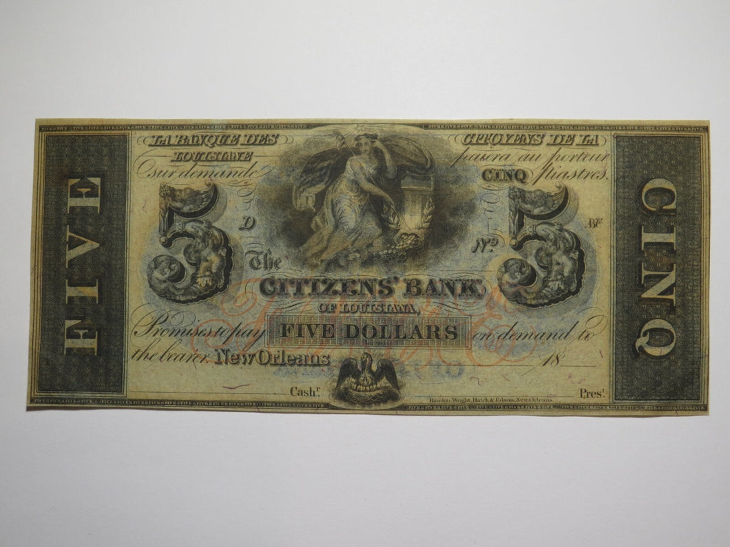 $5 18__ New Orleans Louisiana Obsolete Currency Note Remainder Citizens Bank UNC
