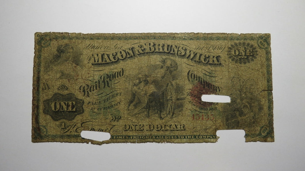 $1 1867 Macon Georgia GA Obsolete Currency Bank Note Bill Macon Brunswick RR Co.