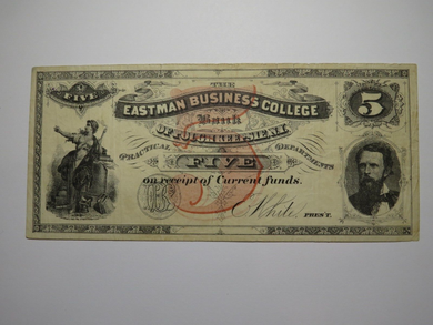 $5 1870's Poughkeepsie New York Obsolete Currency Note Bill Eastman College VF