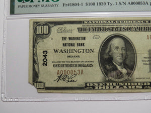 $100 1929 Washington Indiana IN National Currency Bank Note Bill Ch #2043 VF25