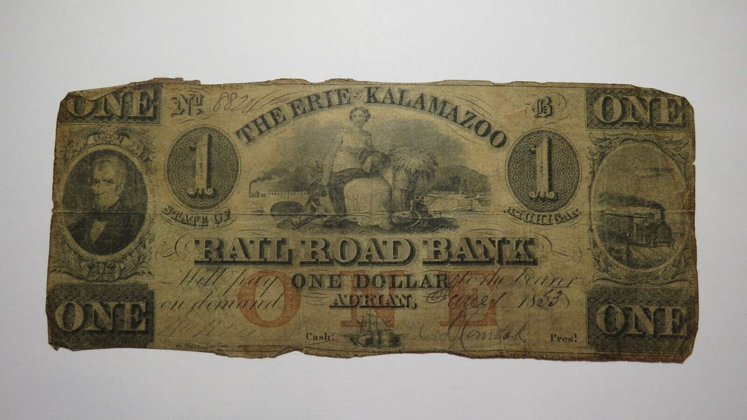 $1 1838 Adrian Michigan MI Obsolete Currency Bank Note Bill Erie & Kalamazoo