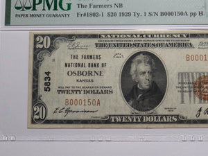 $20 1929 Osborne Kansas KS National Currency Bank Note Bill Charter #5834 VF30