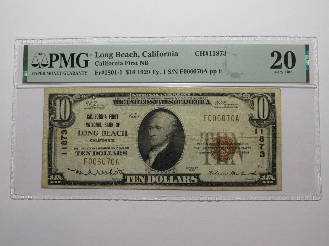$10 1929 Long Beach California National Currency Bank Note Bill Ch. #11873 VF20
