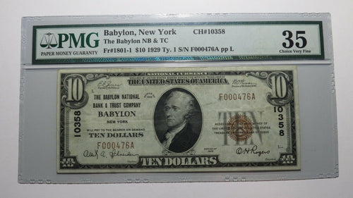 $10 1929 Babylon New York NY National Currency Bank Note Bill Ch #10358 VF35 PMG