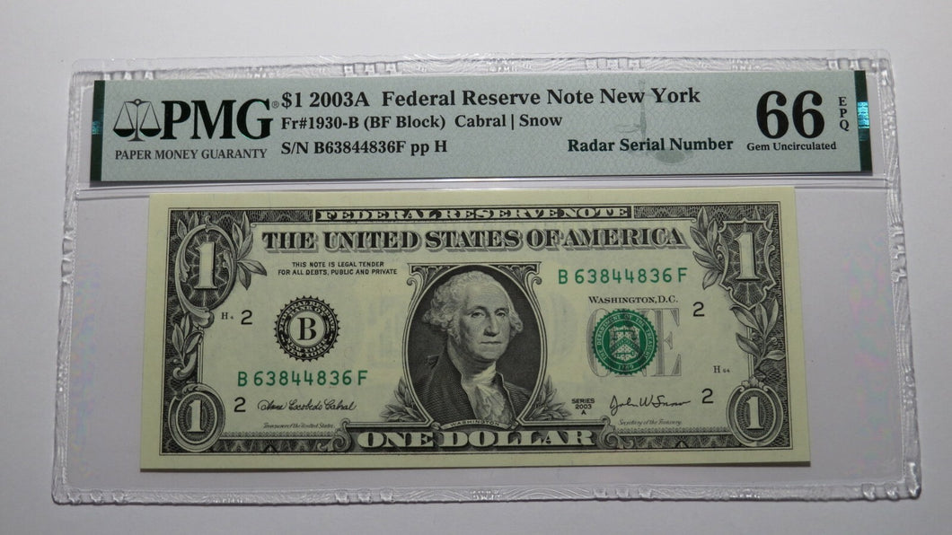 $1 2003 Radar Serial Number Federal Reserve Currency Bank Note Bill PMG UNC66EPQ