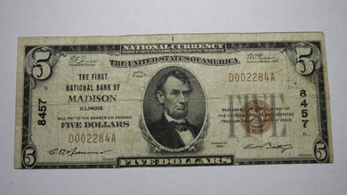 $5 1929 Madison Illinois IL National Currency Bank Note Bill Ch. #8457 FINE!