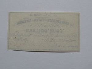 $4 1861 Confederate Bond Coupon Certificate Currency Bank Note Bill UNC