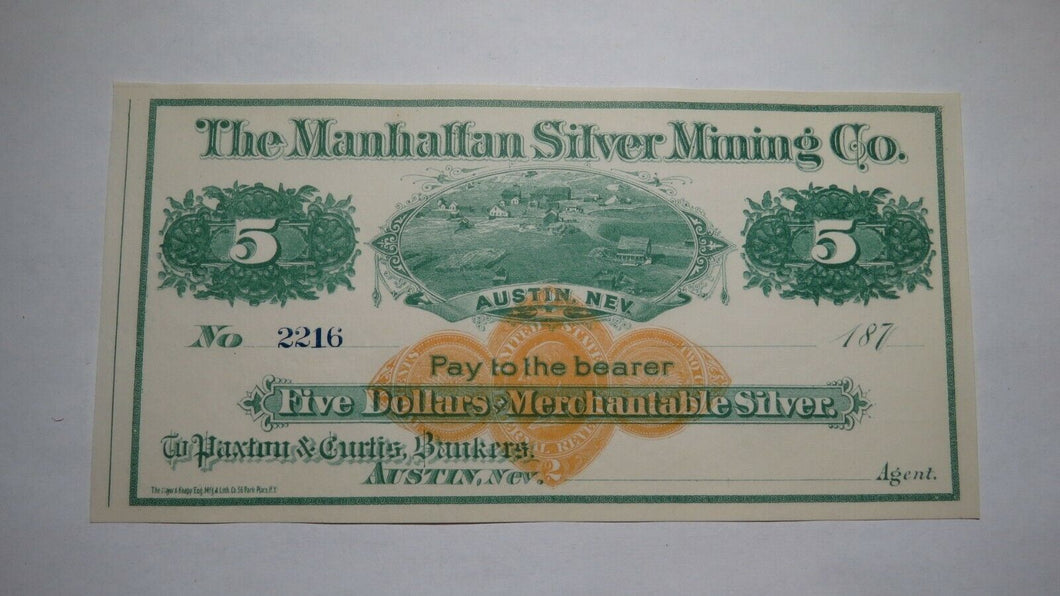 $5 187_ Austin Nevada NV Manhattan Silver Mining Company Remainder Uncirculated+