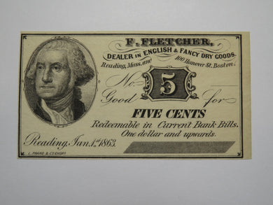 $.05 1863 Reading Boston Massachusetts Obsolete Currency Bank Note Bill Fletcher