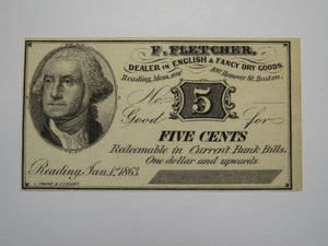 $.05 1863 Reading Boston Massachusetts Obsolete Currency Bank Note Bill Fletcher