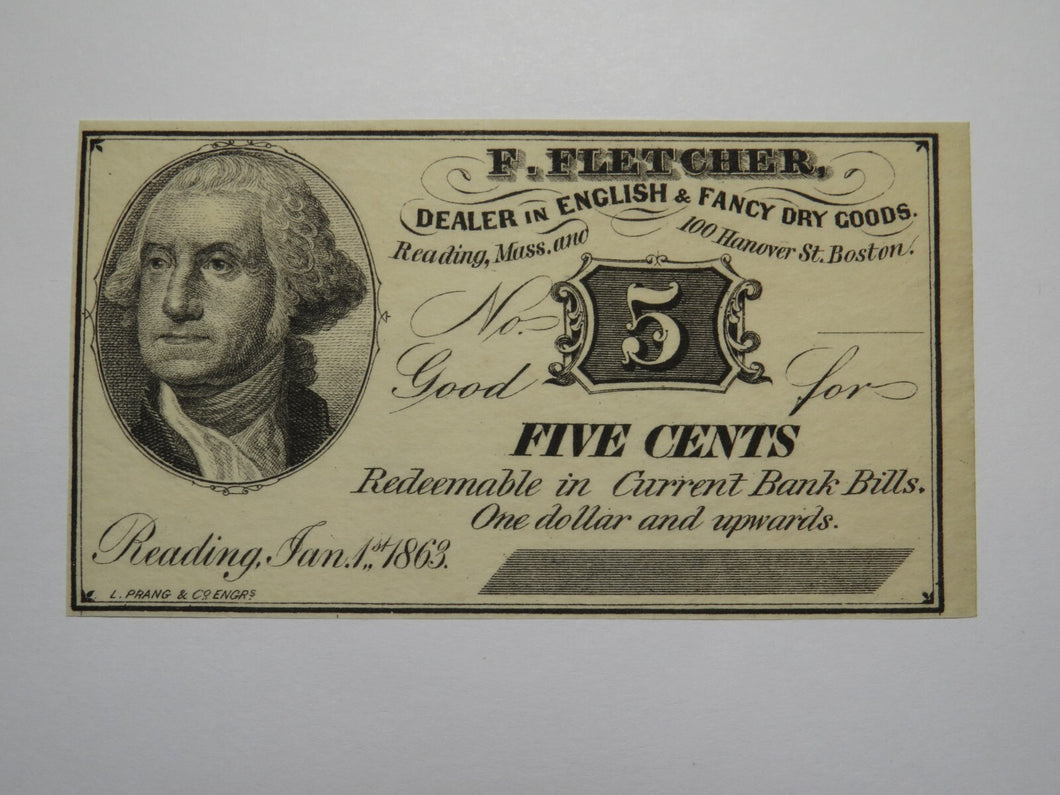 $.05 1863 Reading Boston Massachusetts Obsolete Currency Bank Note Bill Fletcher