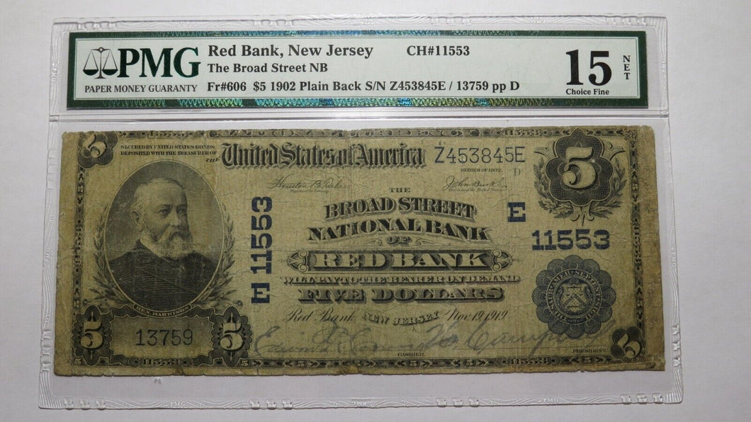 $5 1902 Red Bank New Jersey National Currency Bank Note Bill #11553 Broad Street
