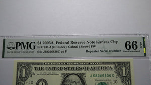 $1 2003 Repeater Serial Number Federal Reserve Currency Bank Note Bill PMG UNC66